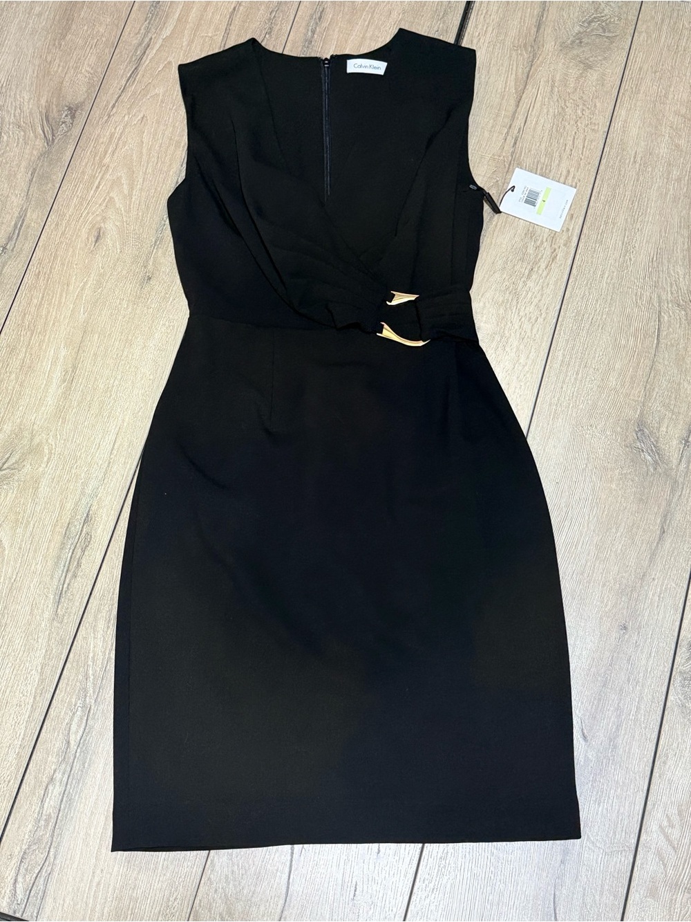 Calvin Klein Black Faux Wrap Sheath Dress Gold Buckle NWT Size 4 - Picture 6 of 11